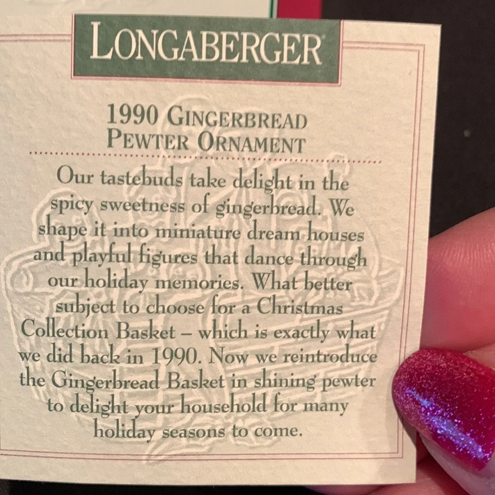 Longaberger 1990 Gingerbread Pewter Ornament with box